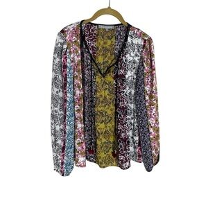 Daniel Rainn Boho Tassel Patchwork Blouse XS Beaded